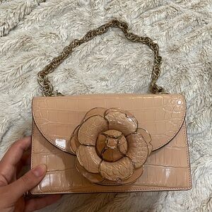 Oscar de la Renta Tan Shoulder Bag with Floral Embellishment